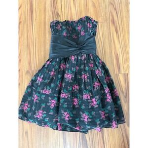 vintage Betsey Johnson strapless cocktail mini dress black floral print sz4